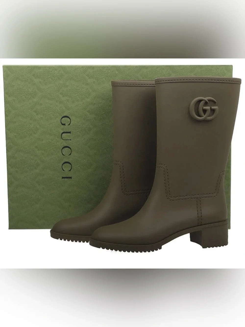 Gucci Olive Rubber Mid-Calf Rain Boots with Embossed GG 39 New with box